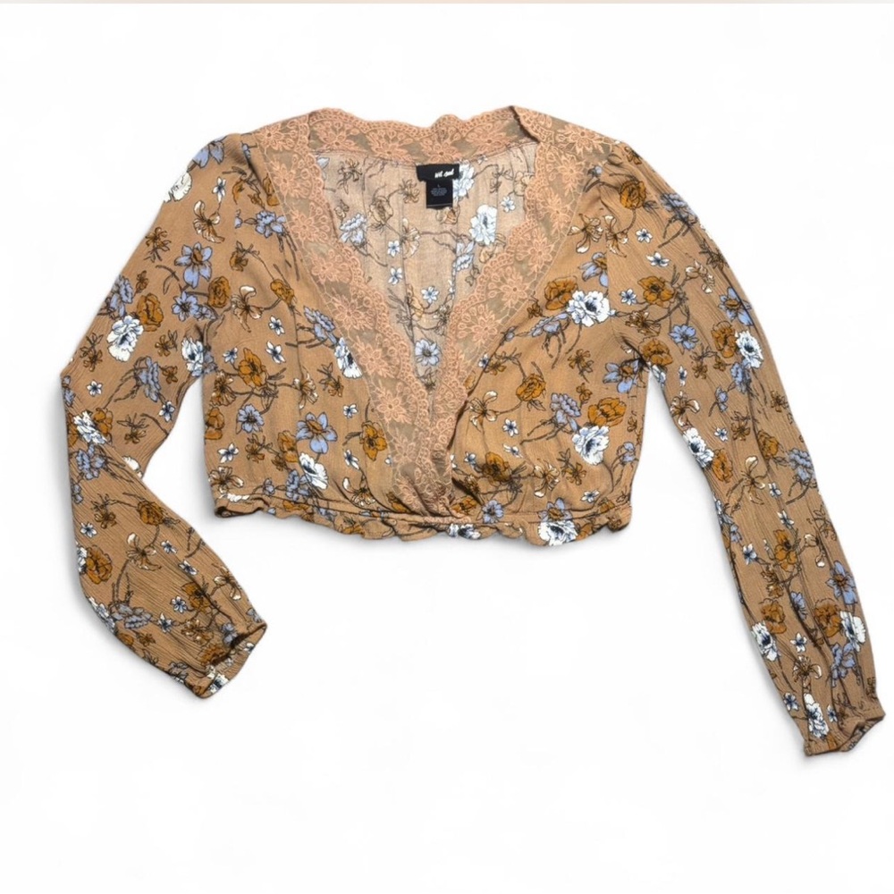 Floral Wrap Top in Tan and Blue
